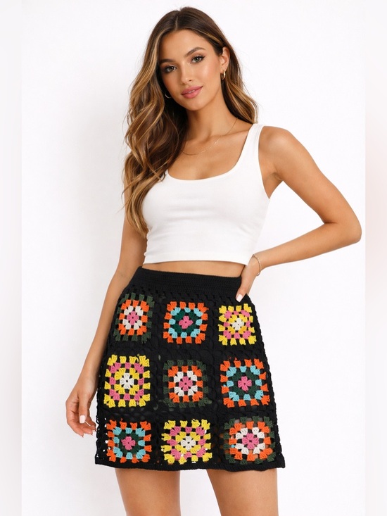 Umgee Dresses & Skirts - Umgee Crochet Granny Square Skirt NWT Large Boho Colorful Knit Mini Skirt